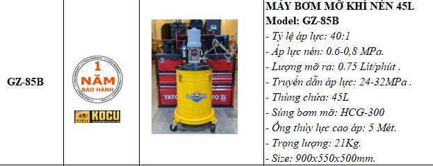 máy bơm mỡ khí nén 45 lít Kocu GZ-85B